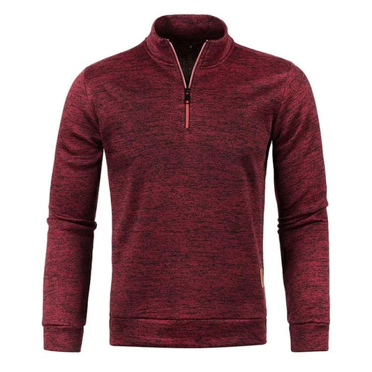 Men's half zipper turtleneck sweatshirt by MANDOTOS, cozy and stylish for fall, shown in a close-up of the black pullover.