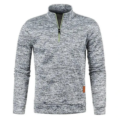 Men's half zipper turtleneck sweatshirt by MANDOTOS, cozy and stylish for fall, shown in a close-up of the dark-colored fabric and collar.