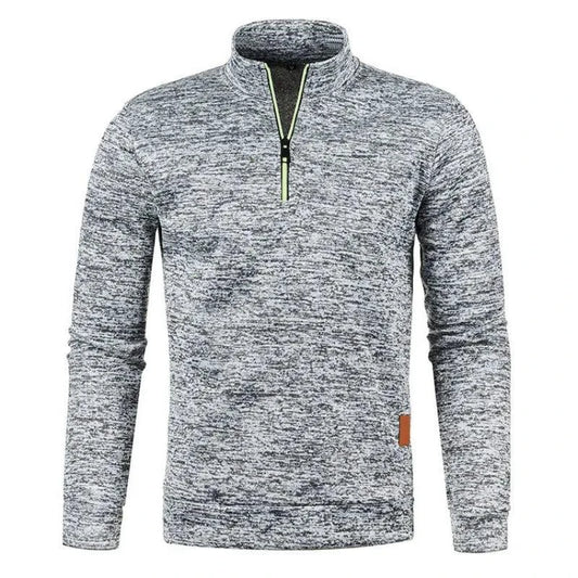 Men's half zipper turtleneck sweatshirt by MANDOTOS, cozy and stylish for fall, shown in a close-up of the dark-colored fabric and collar.