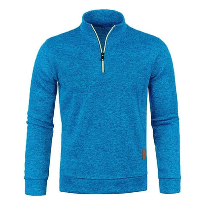 Men's half zipper turtleneck sweatshirt by MANDOTOS, cozy and stylish for fall, shown in a close-up of the soft fabric and zipper detail.