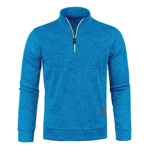 Men's half zipper turtleneck sweatshirt by MANDOTOS, cozy and stylish for fall, shown in a close-up of the soft fabric and zipper detail.