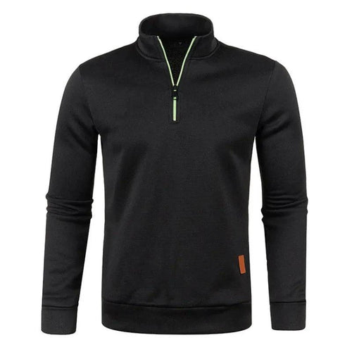 Men's half zipper turtleneck sweatshirt by MANDOTOS, cozy and stylish for fall, shown in a close-up of the navy blue fleece fabric.
