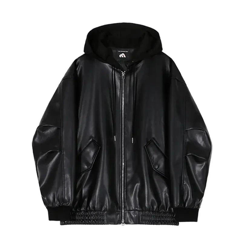 Men's hooded leather jacket by MANDOTOS, featuring a stylish black design with a hood, zipper front, and rugged leather texture.