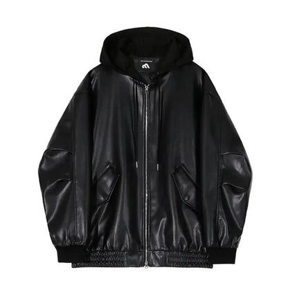 Men's hooded leather jacket by MANDOTOS, featuring a stylish black design with a hood, zipper front, and rugged leather texture.