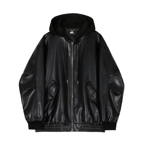 Men's hooded leather jacket by MANDOTOS, featuring a stylish black design with a hood, zipper front, and rugged leather texture.