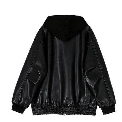 Men's hooded leather jacket by MANDOTOS, featuring a stylish design with a hood and classic leather texture.