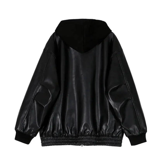 Men's hooded leather jacket by MANDOTOS, featuring a stylish design with a hood and classic leather texture.