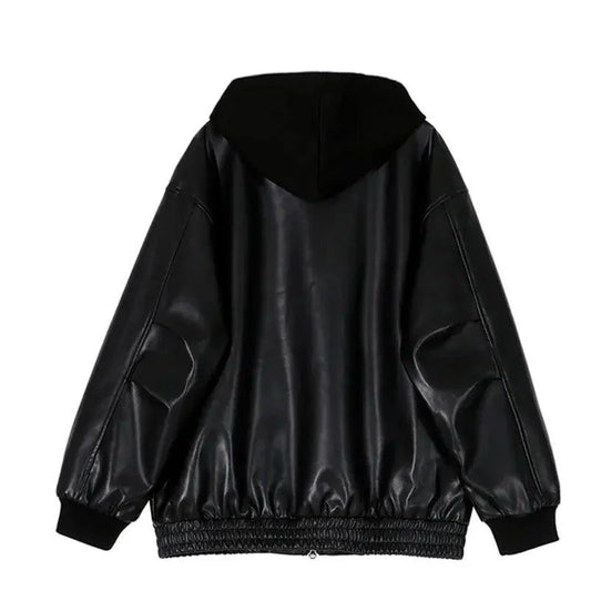 Men's hooded leather jacket by MANDOTOS, featuring a stylish design with a hood and classic leather texture.