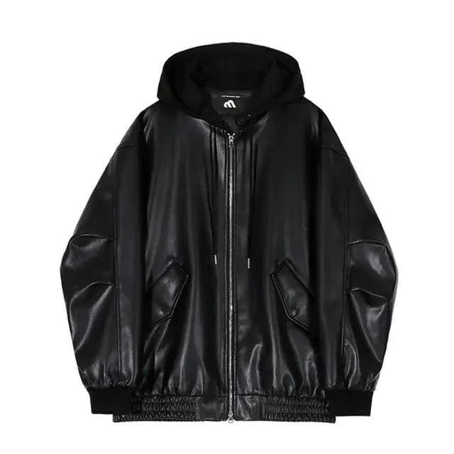 Men's hooded leather jacket by MANDOTOS featuring a stylish black design and a comfortable hood for casual wear.