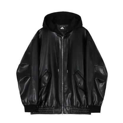 Men's hooded leather jacket by MANDOTOS, black with front zipper and adjustable hood, stylish and durable for casual wear.