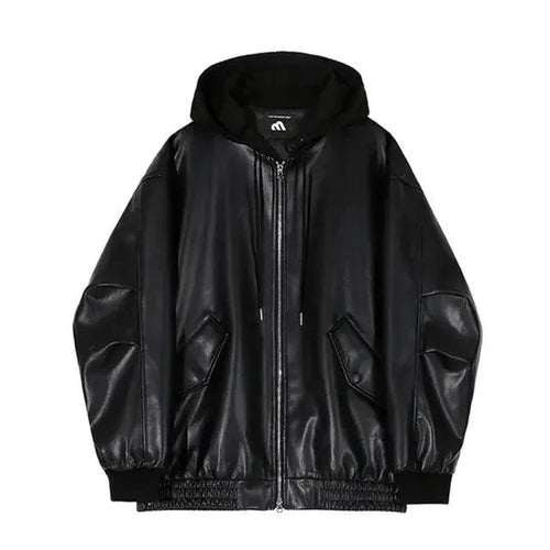 Men's black hooded leather jacket by MANDOTOS, featuring a stylish design with a front zipper and adjustable hood.