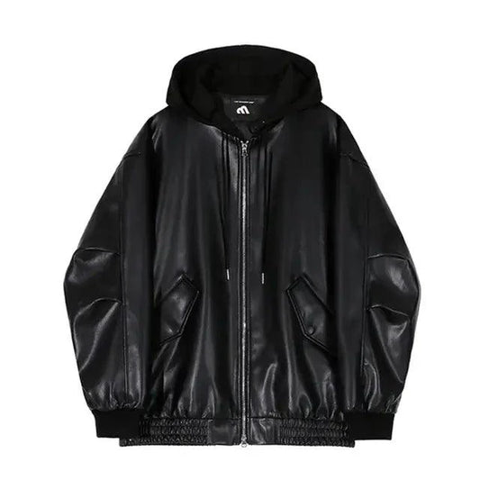 Men's black hooded leather jacket by MANDOTOS, featuring a stylish design with a front zipper and adjustable hood.