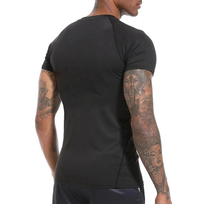 Mandotos men's short sleeve compression rash guard shirt with print, quick-dry fabric, designed for gym workouts and athletic activities.