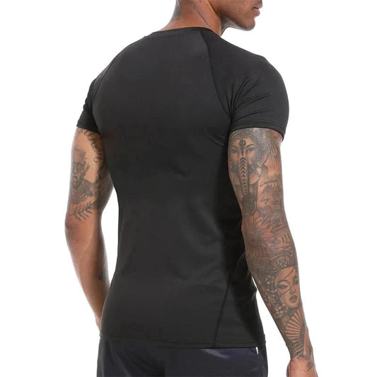 Mandotos men's short sleeve compression rash guard shirt with print, quick-dry fabric, designed for gym workouts and athletic activities.