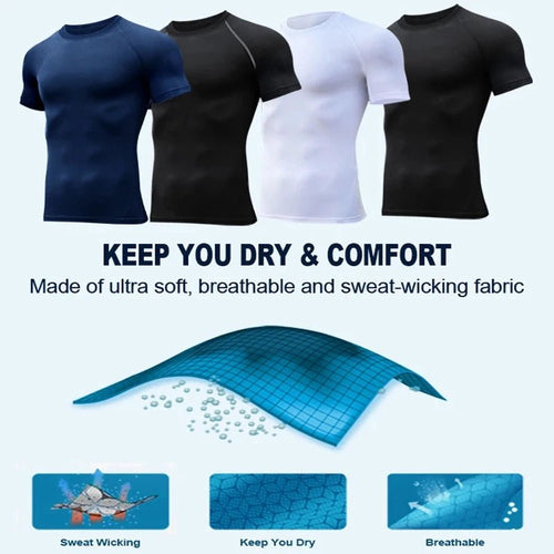 Mandotos men's short sleeve compression rash guard shirt with print, quick-dry fabric, designed for gym workouts and athletic activities.