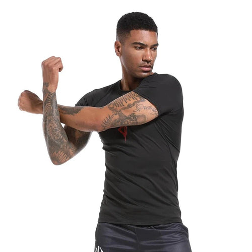 Mandotos men's short sleeve compression rash guard shirt with print, quick dry fabric, designed for gym workouts and athletic activities.