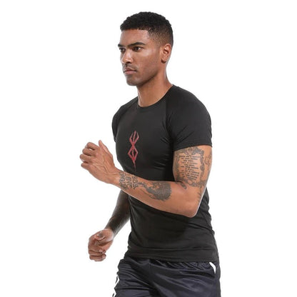 Mandotos men's short sleeve compression rash guard shirt with print design, quick-dry athletic base layer for gym and workouts.
