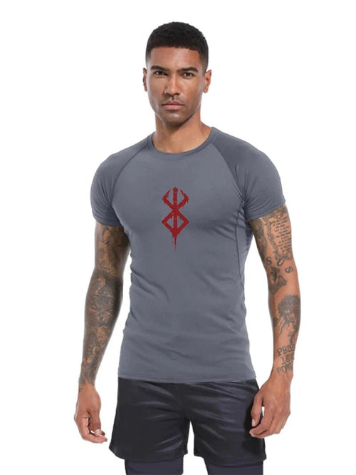 Mandotos men's short sleeve compression rash guard shirt with colorful print, designed for gym workouts and quick-dry athletic performance.