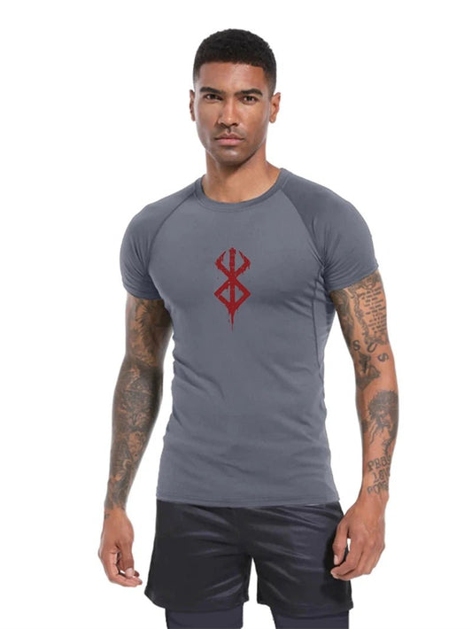 Mandotos men's short sleeve compression rash guard shirt with colorful print, designed for gym workouts and quick-dry athletic performance.