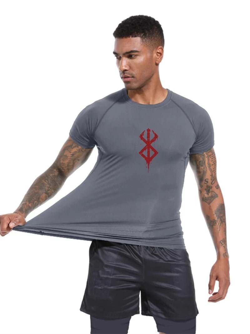Mandotos men's short sleeve print compression shirt, quick-dry rash guard perfect for gym workouts and athletic activities.