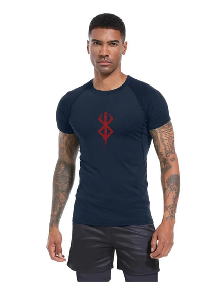 Mandotos men's short sleeve compression rash guard shirt with colorful print, quick-dry fabric, ideal for gym and athletic workouts.