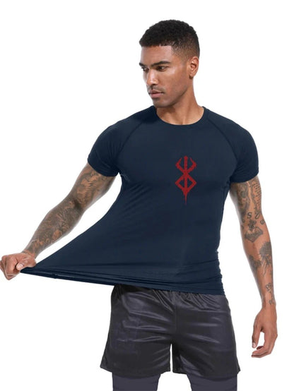 Mandotos men's short sleeve compression rash guard shirt with colorful print, quick-dry fabric, ideal for gym and athletic workouts.