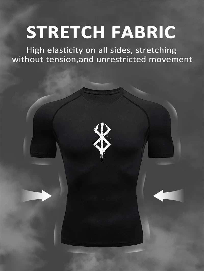 Mandotos men's short sleeve compression rash guard shirt with colorful print, quick-dry athletic top for gym and summer workouts.