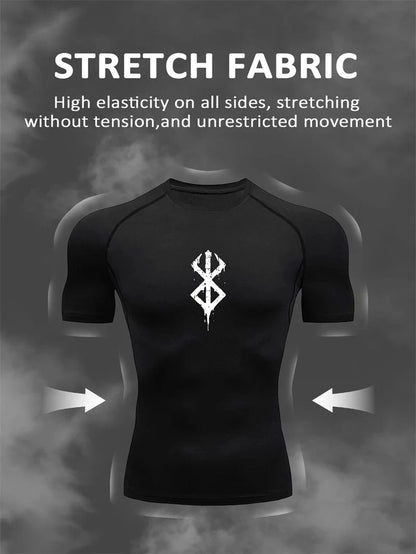 Mandotos men's short sleeve compression rash guard shirt with colorful print, quick-dry athletic top for gym and summer workouts.
