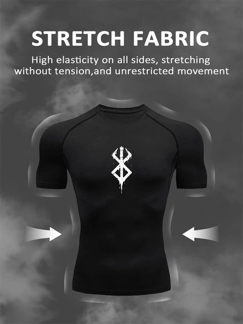 Mandotos men's short sleeve compression rash guard shirt with colorful print, quick-dry athletic top for gym and summer workouts.