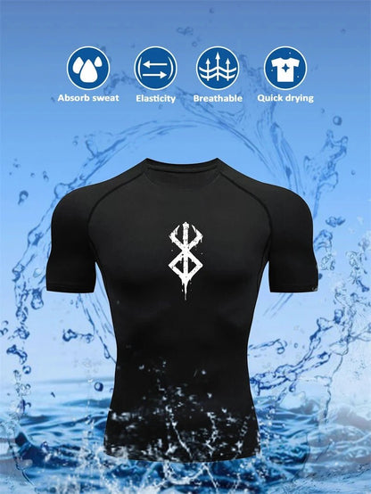 Mandotos men's short sleeve compression rash guard shirt with print, quick-dry fabric, ideal for gym workouts and athletic baselayers.