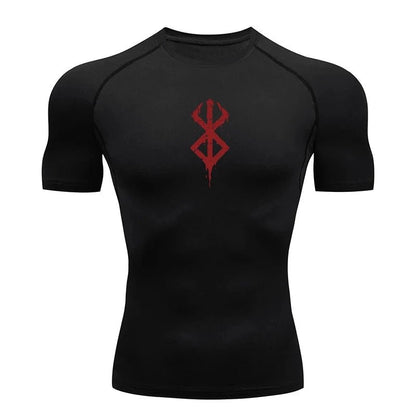 Men's MANDOTOS short sleeve compression rash guard shirt for gym, athletic quick-dry base layer, with printed design, ideal for workouts.