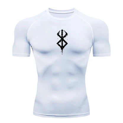 Mandotos men's short sleeve compression rash guard shirt with printed design, quick-dry fabric, ideal for gym workouts and athletic activities.