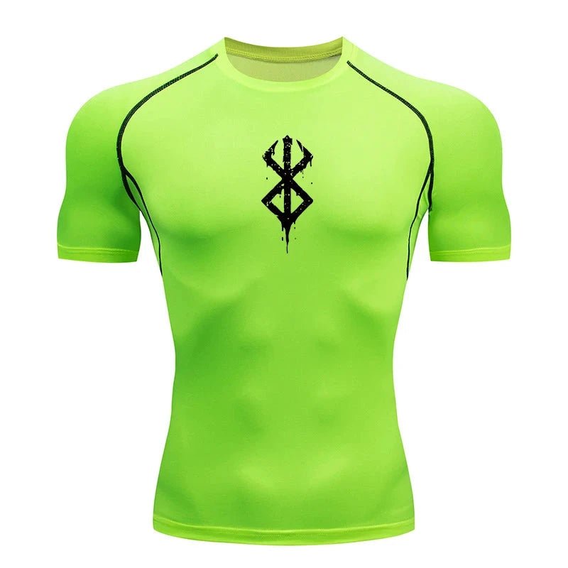 Mandotos men's short sleeve compression rash guard shirt with colorful print, quick-dry fabric, suitable for gym and athletic workouts.