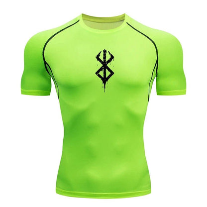 Mandotos men's short sleeve compression rash guard shirt with colorful print, quick-dry fabric, suitable for gym and athletic workouts.