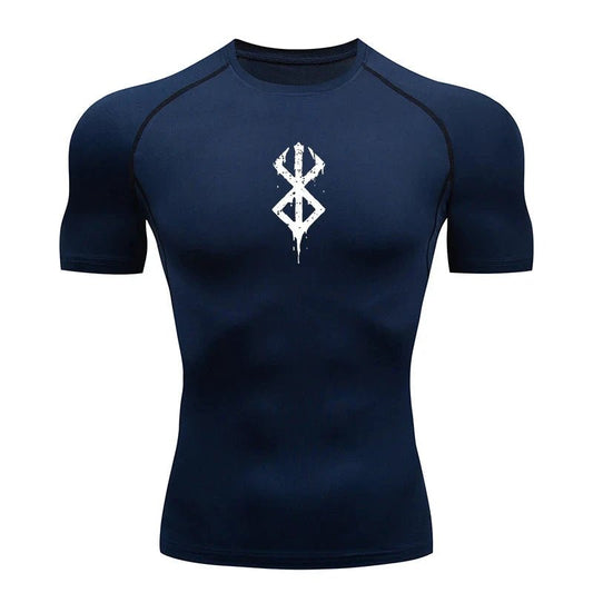 Mandotos men's short sleeve compression shirt with colorful print, quick-dry fabric, ideal for gym workouts and athletic baselayer use.