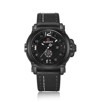 Mandotos men's quartz watch with calendar display, water-resistant timepiece showing a sleek black dial and stainless steel band.