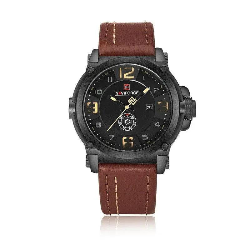 Men's MANDOTOS quartz watch with calendar display, water-resistant timepiece showing a sleek black dial and stainless steel band.