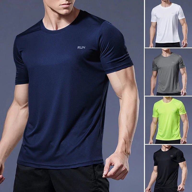 Men's quick dry compression fitness T-shirt by MANDOTOS, shown in black with a fitted athletic design.