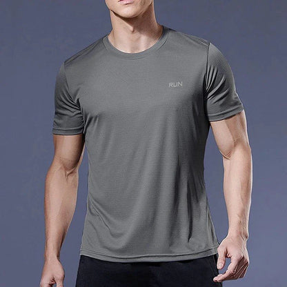 Men's quick dry compression fitness T-shirt by MANDOTOS, showing a close-up of the lightweight, moisture-wicking fabric and athletic fit.