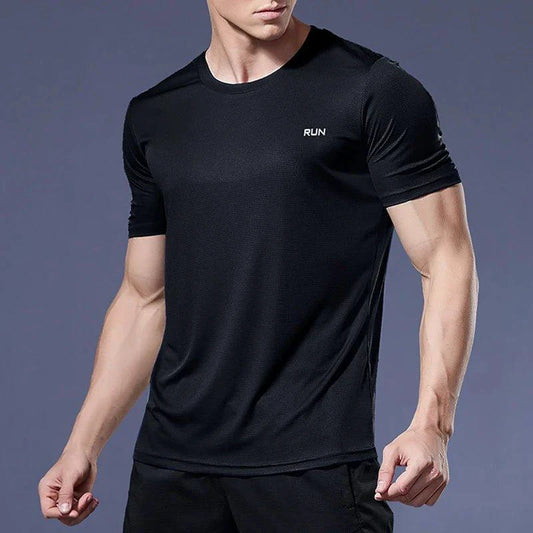 Men's quick dry compression fitness T-shirt by MANDOTOS, showcasing breathable fabric and snug fit ideal for workout sessions.