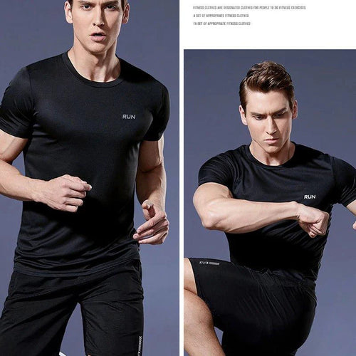 Men's quick dry compression fitness T-shirt by MANDOTOS, shown in a close-up of the black athletic top designed for active wear.