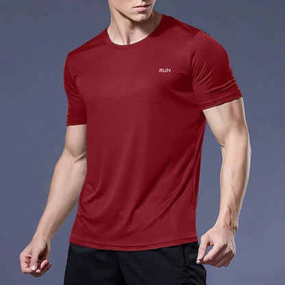 Men's quick dry compression fitness T-shirt by MANDOTOS, showing breathable fabric and snug fit for active workouts.
