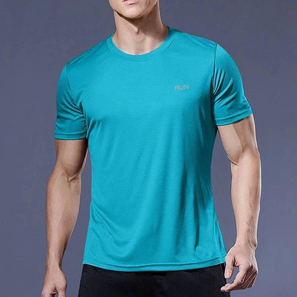 Men's quick dry compression fitness T-shirt by MANDOTOS, shown in a close-up image highlighting the fabric and fit.