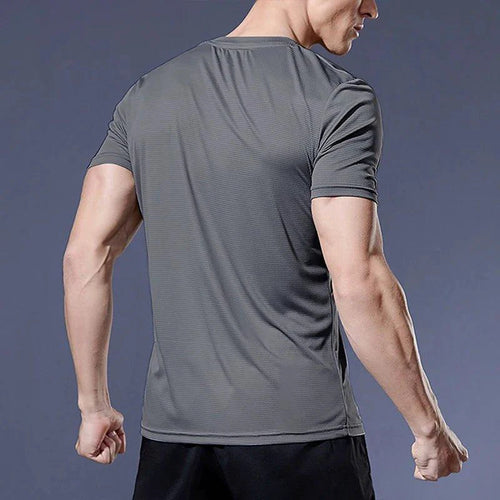 Men's quick dry compression fitness T-shirt by MANDOTOS, shown in black with a fitted athletic design.