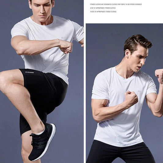 Men's quick dry compression fitness T-shirt by MANDOTOS, shown in a close-up highlighting breathable fabric and athletic fit.