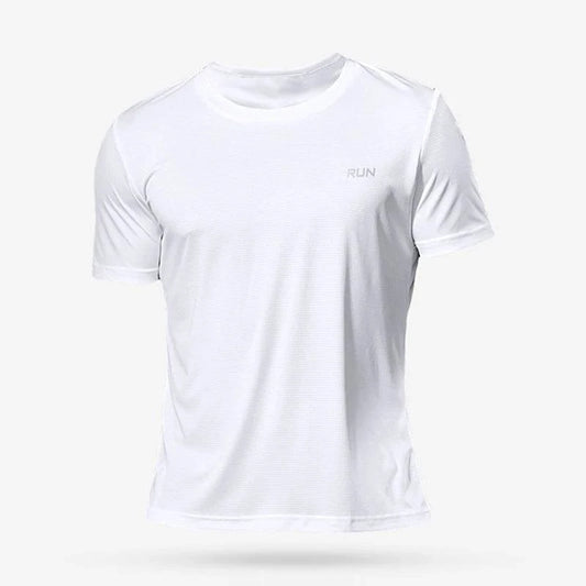 Men's quick dry compression fitness T-shirt by MANDOTOS, shown in navy with a snug fit and moisture-wicking fabric.