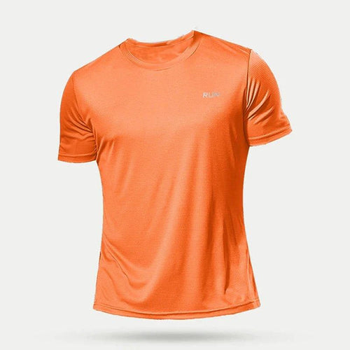 Men's quick dry compression fitness T-shirt by MANDOTOS, close-up of black athletic shirt with moisture-wicking fabric and fitted design