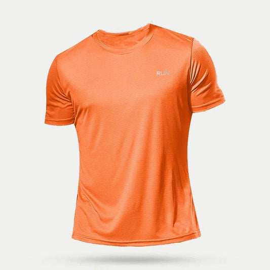 Men's quick dry compression fitness T-shirt by MANDOTOS, close-up of black athletic shirt with moisture-wicking fabric and fitted design