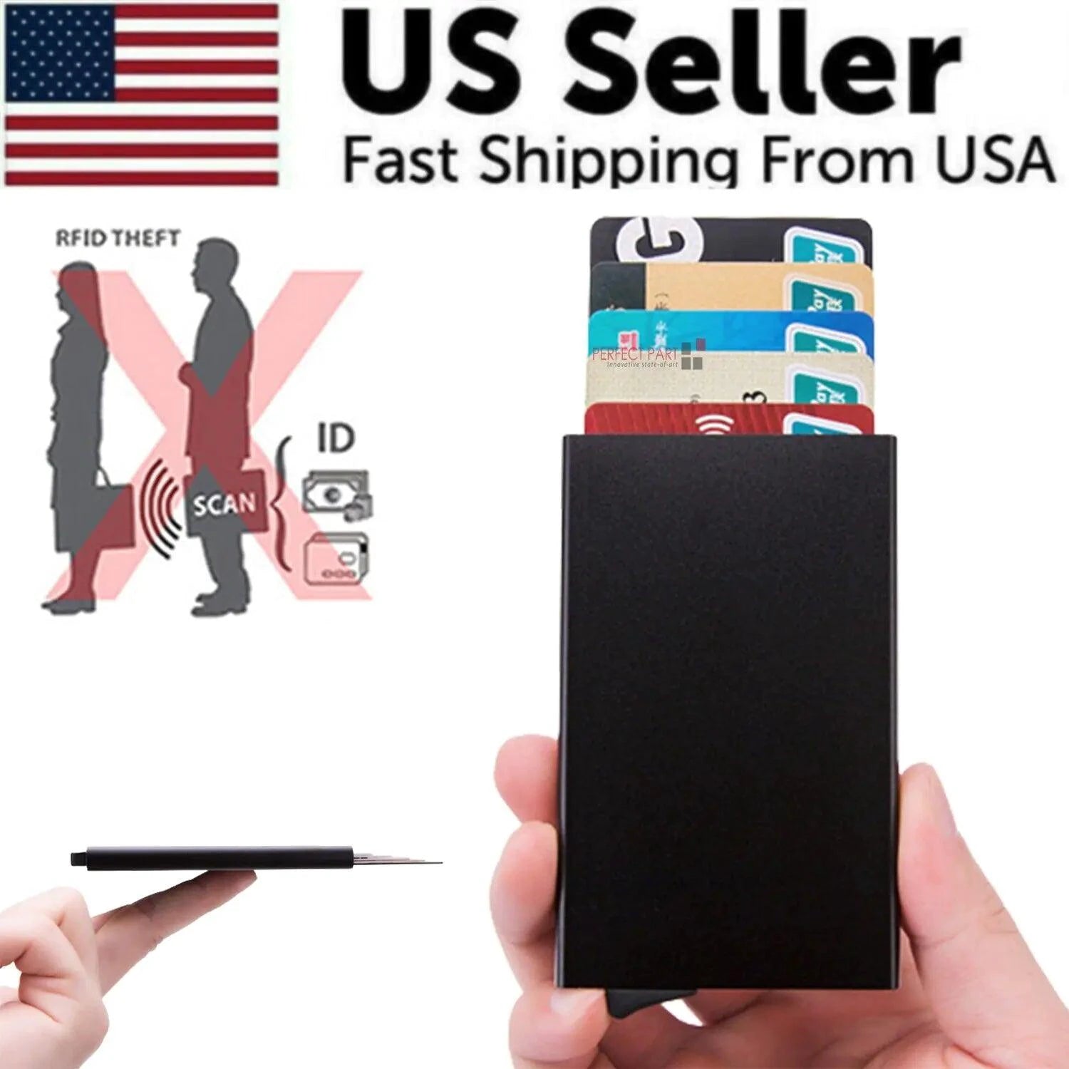 Men's RFID slim carbon fiber money clip and card holder by MANDOTOS, compact and sleek for secure cash and card storage.