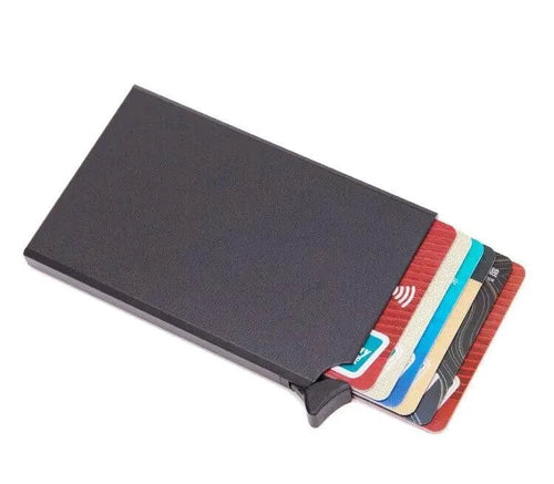 Men's RFID slim carbon fiber money clip and card holder by MANDOTOS, featuring a sleek compact design with multiple card slots.